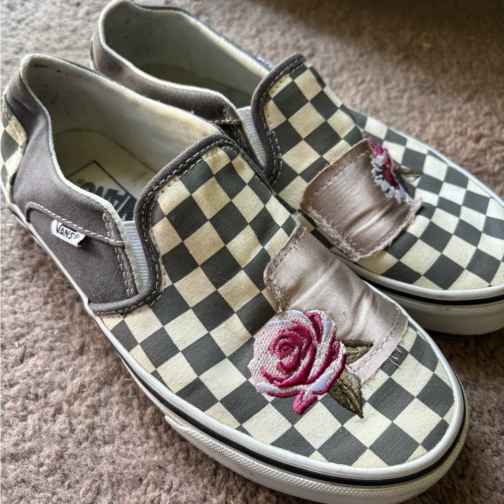 Van’s women’s checkered and floral slip ons